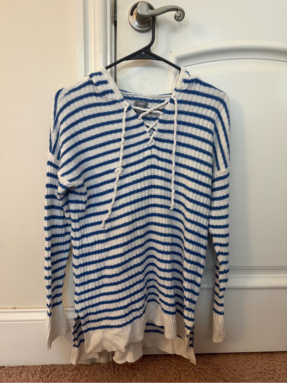 aerie White & Blue Striped Lace-Up V-Neck Sweater